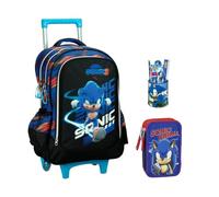 PRESTIGE & DELUXE Trolley Sac à dos scolaire compatible avec Sonic 46 cm haut de gamme pour enfant école primaire moyenne + 3 étages completp + set d'écriture 5 pièces