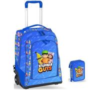 PRESTIGE & DELUXE Trolley Sac à dos scolaire Stumble Guys Bleu + Trousse 3 étages complète + 7 stylos effaçables et porte-clés personnage, multicolore, standard, Sac à