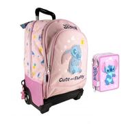 PRESTIGE & DELUXE Trolley Sac à dos Stitch Rose pour l'école élémentaire + trousse 3 étages avec papeterie + cadeau 7 stylos et porte-clés à paillettes