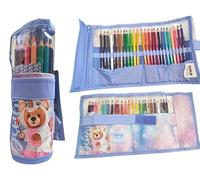 PRESTIGE & DELUXE Trousse à rouleau Pool Over Couleur Unité Ours Licorne avec 25 crayons de couleur pour l'école - Fermeture déchirure + porte-clés