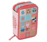 PRESTIGE & DELUXE Trousse Animal Crosing Rose école primaire Triple, trousse à crayons et porte-crayons complet avec 18 crayons de couleur, 18 feutres