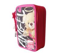 PRESTIGE & DELUXE Trousse d'école Believe Ours d'amour Believe Couleur unie - 3 étages avec papeterie pour enfant + porte-clés à paillettes et stylo multicolore