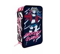 PRESTIGE & DELUXE Trousse Harley Quinn Rebel Girl avec marqueurs, crayons et papeterie pour l'école - 3 étages fermeture zip + porte-clés cadeau