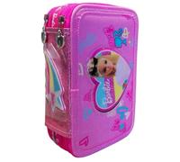 PRESTIGE & DELUXE Trousse scolaire compatible avec Barbie Rose 3 étages zip complet + porte-clés Stitch et double jeu de couleurs + 12 crayons et 12 feutres, multicolore, standard, trousse