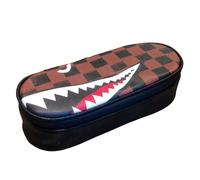 PRESTIGE & DELUXE Trousse scolaire design 38 requin ovale noir marron fermeture éclair 22 x 8 x 5 cm + porte-clés sifflet et stylo multicolore