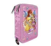 PRESTIGE & DELUXE Trousse scolaire Winx Club à 3 compartiments avec fermeture éclair + porte-clés à paillettes et stylo coloré