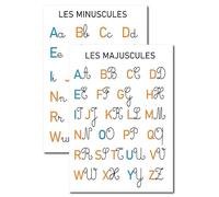 Prêt! Lot de 2 Affiches Éducatives A3 42x30 cm, Alphabet Majuscules et Minuscules en Cursive et Imprimerie, Consonnes Orange et Voyelles Bleues, Papier Mat