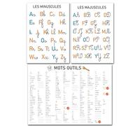 Prêt! Pack 3 Posters Éducatifs Alphabet Français & Mots Outils, Format A3 42x30 cm, Écriture Cursive, Affiches Pédagogiques CP à CM2, Multicolore