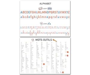 Prêt! Pack de 2 Posters Éducatifs A3, Alphabet Français Capitales Script Cursif et Mots Invariables, 42x30 cm, Affiches Pédagogiques pour Classe CP au CM2