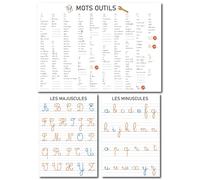 Prêt! Pack de 3 Posters Éducatifs A3, Mots Outils CP à CM2, Lettres Majuscules et Minuscules en Écriture Cursive, Papier Affiche, 42x30 cm