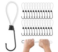 PRETEX Tendeurs Elastique avec Crochets - Lot de 25 Tendeur de 13 cm - Tendeurs Robustes Parfaits pour le Camping les Bagages et les Bâches - Cordon Blanc, Crochet Noir