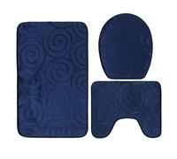 Pretfy 3 Pcs en Pierre de Salle de Bain en Relief Jeu Salle Bain avec Couvercle Couvercle Toilette Absorbant, Tapis Sol et Tapis Baignoire (Bleu Marine)