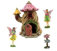 Pretmann - Accessoires de jardin féérique - Maison de fées et figurines miniatures - Maison de 18 cm de haut et porte pouvant s'ouvrir en grand - 4 pièces