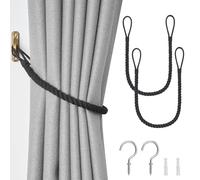 Pretty Jolly Lot de 2 embrasses de rideaux en corde de coton naturel de style bohème rustique et décoratif élégantes tissées à la main avec crochet en métal pour la maison et le bureau (coton noir)