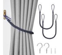 Pretty Jolly Lot de 2 embrasses de rideaux en corde de coton naturel de style bohème rustique tissé à la main avec crochet en métal pour la maison et le bureau (bleu foncé)