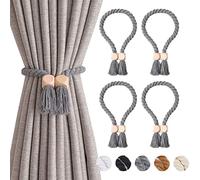 Pretty Jolly Lot de 4 embrasses de rideaux magnétiques cubiques en bois de style bohème en coton naturel tissé à la main pour rideaux fins et épais pour fenêtre de maison et de bureau (gris)