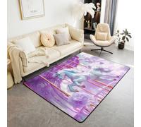 Pretty Tapis de salon licorne 100 x 150 cm Carrousel de rêve princesse cheval animaux chambre à coucher pour enfants adolescents violet romantique nuage floral parc d'attractions tapis d'intérieur