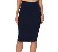 PrettyFashion Jupe Crayon au Genou à Taille Haute Midi Jupe Élasticité Bodycon Droite Jupe pour Femmes (Bleu Marine, S)