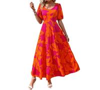 PRETTYGARDEN Robe d’été décontractée à Manches Bouffantes pour Femme, Motif Floral, Dos Nu, Robe Longue, smockée, Fluide à Volants, idéale pour la Plage, Taille S