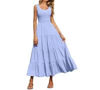 PRETTYGARDEN Robe d'été 2024 Longue sans Manches pour Femmes, Maxi, décontractée, Ample, sans Manches, avec Smocks et Volants, idéale pour la Plage, Bleu, Taille S