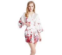 Prettystern Mini Robe Femme Kimono Peignoir Nuisette Chemise de Nuit en Soie Wrap Veste Robe Fleurs Blanc Mi03