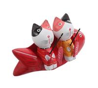 PRETYZOOM Figurine en Bois Couple de Chats Pêcheurs, Grosse Taille Rouge 20 Cm, Sculpture Artisanale Décorative pour Bureau et Intérieur, Ornement Mignon en Bois Sculpté la Main, Présent
