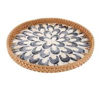 PRETYZOOM Plateau de Service Rotin Tressé la Main Petit Format Gris Plume avec Incrustations Coquillages Colorés Plateau Décoratif Polyvalent pour Fruits et En-cas Table Basse Maison