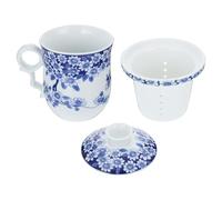PRETYZOOM Tasse à Thé en Porcelaine Bleu Blanc 1 Pièce Couvercle Filtre et Soucoupe, Tasse à Thé Vintage Chinoise pour Maison et Bureau, Gobelet D'eau en Céramique Multifonctionnel