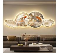 PreuepltrMa Art Mural 3D LED, Décoration Murale 3D avec LED Carpe Koï & Lotus avec Télécommande Art Mural en Porcelaine Cristal pour Salon entrée(C,120 * 40cm/47.24"*15.75"in)
