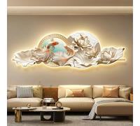 PreuepltrMa Art Mural 3D LED, Décoration Murale 3D avec LED Carpe Koï & Lotus avec Télécommande Art Mural en Porcelaine Cristal pour Salon entrée(A,120 * 40cm/47.24"*15.75"in)