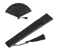 Prevessel Éventail Pliant Classique avec Cadre en Bambou Noir et Pompons Exquis pour la Décoration Murale, le Bricolage Fait à la Main et le Refroidissement par Temps Chaud, 14,4 X 8,3 Pouces