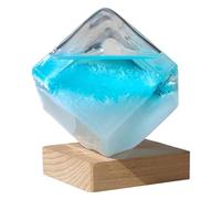 Prévision météo en verre tempête: prédicteur de cube d'eau bleu cristal avec base en bois pour la décoration de bureau à domicile