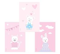 PRICARO Affiches, Harmonie animale, Bébé fille, 20 x 30 cm, 3 pièces