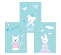 PRICARO Affiches, Harmonie animale turquoise, Bébé fille, 20 x 30 cm, 3 pièces