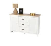 PRICE FACTORY Buffet avec 2 Portes et 3 tiroirs Design Colonial - 119x39,5xH77 cm, Coloris Blanc et Plateau chêne Clair - Collection Madera