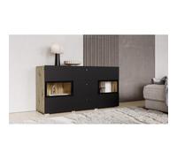 PRICE FACTORY just for you Buffet Ramos 130 cm - Chêne et Noir Super Mat - 2 Portes vitrées et 3 tiroirs - sans LED