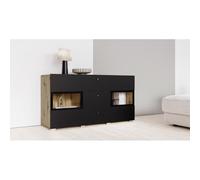 PRICE FACTORY just for you Buffet Ramos 130 cm - Chêne et Noir Super Mat - LED Multicolores intégrées - 2 Portes vitrées + 3 tiroirs