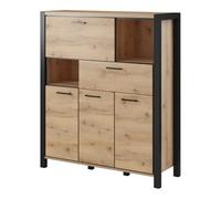 PRICE FACTORY just for you Vaisselier 4 Portes et 1 tiroir Collection TIVORA. Couleur chêne et Noir. LED incluses