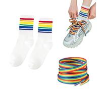 pride lacets arc-en-ciel 2 paires + 1 paire de chaussettes colorées 140 cm lacets plats multicolores pour baskets tenue festive et accessoires de style quotidien