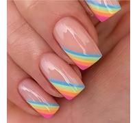 Pride Rainbow Lot de 24 faux ongles à presser à bout français brillants avec bordure rayée pastel - Kit de faux ongles carrés moyens pour usage quotidien, festivals, fêtes - Manucure en acrylique ABS