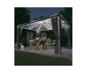 Prieel met gordijn LED-lichtslinger 4x3 m aluminium antraciet3070336