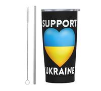 Priez pour l'Ukraine Gobelet fin en acier inoxydable Tasse de voyage Tasse à café isolée mince à double paroi de 20 oz avec couvercle anti-éclaboussures, paille et brosse de nettoyage pour le bureau