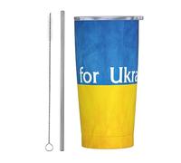 Priez pour l'Ukraine Gobelet fin en acier inoxydable Tasse de voyage Tasse à café isolée mince à double paroi de 20 oz avec couvercle anti-éclaboussures, paille et brosse de nettoyage pour le bureau