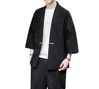 PRIJOUHE Cardigan kimono de style japonais pour homme en mélange coton-lin à manches trois-quarts couleur unie veste manteau ouvert sur le devant, Noir-17, Medium