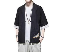 PRIJOUHE Cardigan Kimono de Style Japonais pour Homme Veste en Mélange Coton Lin Sept Manches Couleur Unie Manteau Ouvert Devant, Noir 6, XX-Large