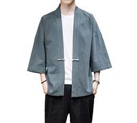 PRIJOUHE Cardigan Kimono de Style Japonais pour Homme Veste en Mélange Coton Lin Sept Manches Couleur Unie Manteau Ouvert Devant, Small