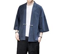 PRIJOUHE Cardigan Kimono de Style Japonais pour Homme Veste en Mélange Coton Lin Sept Manches Couleur Unie Manteau Ouvert Devant, Small