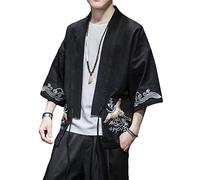 PRIJOUHE Cardigan Kimono de Style Japonais pour Homme Veste en Mélange Coton Lin Sept Manches Couleur Unie Manteau Ouvert Devant, Noir 5, Small