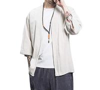 PRIJOUHE Cardigan Kimono japonais pour homme Grande taille Yukata Casual Coton Lin 7 manches Léger - - Taille L