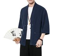 PRIJOUHE Hommes de Style Japonais Kimono Cardigan Veste de Coton Mélange de Lin Sept Manches Couleur unie Avant Ouvert - - XX-Large